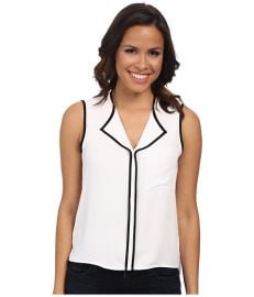 Calvin Klein Crepe De Chine Ruffle Front Blouse w Piping WhiteBlack at 6pm