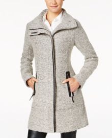 Calvin Klein Faux-Leather-Trim Asymmetrical Coat - Macys at Macys