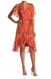 Calvin Klein Floral Chiffon Short Sleeve Mock Wrap Midi Dress at Nordstrom Rack