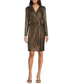 Calvin Klein Foil Glitter Knit V-Neck Long Sleeve Faux Wrap Dress Dillardx27s at Dillards