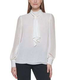 Calvin Klein Long Sleeve Tie Neck Blouse  Reviews - Tops - Women - Macys at Macys