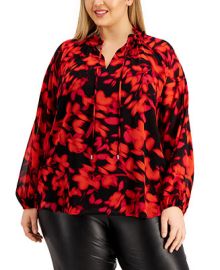 Calvin Klein Plus Size Floral-Print Tie-Neck Top  Reviews - Tops - Plus Sizes - Macys at Macys