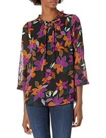 Calvin Klein Printed Clip Dot Ruffled Neck Top in Coffee Combo at Amazon