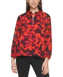 Calvin Klein Printed Tie-Neck Blouse  Reviews - Tops - Women - Macys at Macys