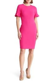 Calvin Klein Ruffle Short Sleeve Sheath Dress in Hibiscus at Nordstrom Rack