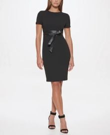 Calvin Klein Solid Faux-Leather Tie-Waist Sheath Dress - Macys at Macys