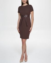 Calvin Klein Solid Faux-Leather Tie-Waist Sheath Dress Reviews - Dresses - Women - Macys at Macys