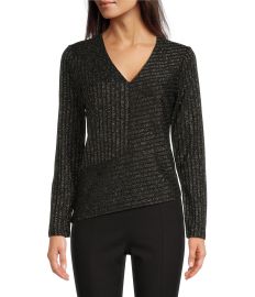 Calvin Klein Solid Lurex Metallic Knit V-Neck Long Sleeve Coordinating Asymmetrical Hem Top Dillardx27s at Dillards