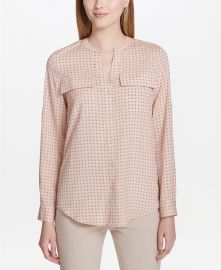 Calvin Klein Split-Neck Printed Top in Blush Dot at Macys