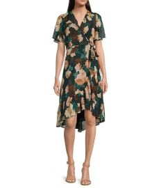 Calvin Klein Surplice V-Neck Short Flutter Sleeve Crinkle Chiffon Faux Wrap Dress Dillardx27s at Dillards