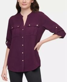 Calvin Klein Textured Roll Tab Button Down Shirt  Reviews - Tops - Women - Macys at Macys