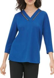 Calvin Klein V-Neck Beaded Trim Knit Top belk at Belk