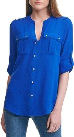 Calvin Klein Women39s Rayon Button Up Long Roll Sleeve Blouse at Womens Clothing store at Amazon