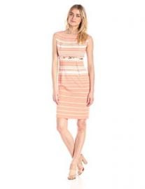 Calvin Klein Womenand39s Cap Sleeve Striped Belted Sheath Dress at Amazon