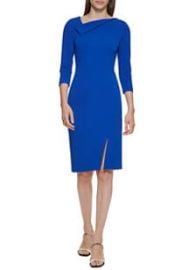 Calvin Klein Womens 34 Sleeve Drape Neck Slit Trim Solid Sheath Dress belk at Belk