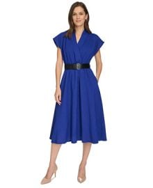 Calvin Klein Womens A-Line V-Neck Belted Midi Dress - Macys at Macys