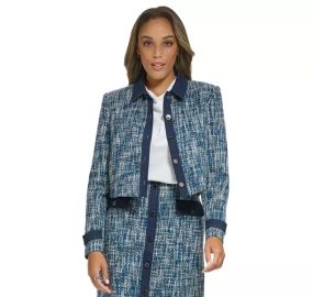 Calvin Klein Womens Denim Trim Cropped Tweed Jacket Reviews - Jackets Blazers - Women - Macys at Macys