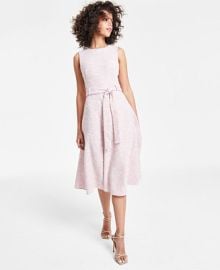 Calvin Klein Womens Jewel-Neck Sleeveless Belted Tweed Midi Dress - Macys at Macys