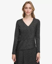 Calvin Klein Womens Metallic Knit Asymmetrical-Hem Top - Macys at Macys