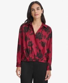 Calvin Klein Womens Printed Faux-Wrap Collared Top - Macys at Macys