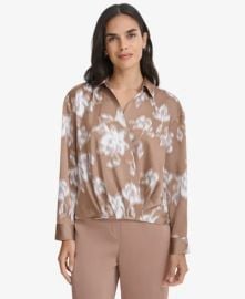 Calvin Klein Womens Printed Faux-Wrap Collared Top - Macys at Macys