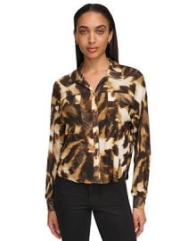 Calvin Klein Womens Printed Mesh Button-Front Shirt - Macys at Macys