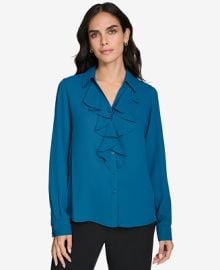 Calvin Klein Womens Ruffle-Front Long-Sleeve Blouse - Macys at Macys