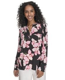 Calvin Klein Womenx27s Printed Split-Neck Long-Sleeve Shirt - Macyx27s at Macys