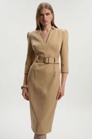 Camel Forever Structured Crepe Belted Forever Midi Dress USA at Karen Millen