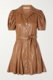 Camel Ofra pleated belted vegan leather mini dress ALICE OLIVIA NET-A-PORTER at Net a Porter