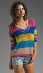 CandC California Linen Cotton Mesh Stripe Long Sleeve V-Neck Box Tee in Mirage  REVOLVE at Revolve