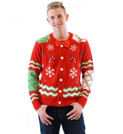 Candy Canes and Snowflakes Button Up Ugly Christmas Sweater with Bowtie by Ugly Christmas Sweater at Ugly Christmas Sweater