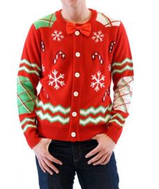 Candy Canes and Snowflakes Red Button Up Ugly Christmas Sweater with Bowtie at Amazon