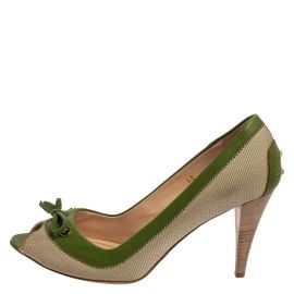 Canvas And Leather Peep Toe Slip On Pumps at eBay