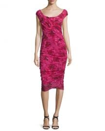 Cap-Sleeve Ruched Rose-Print Dress by Fuzzi at Neiman Marcus