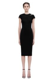 Cap sleeve embroidery fitted black dress at Victoria Beckham