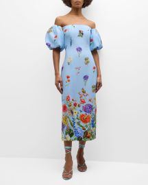 Cara Cara Karene Floral Crepe Puff-Sleeve Midi Dress at Neiman Marcus