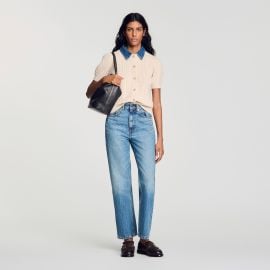 Cardigan with removable denim collar at Sandro