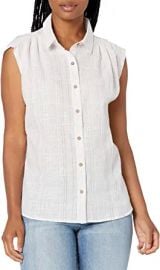 Caribbean Joe Women39s Sleeveless Pleated Button Up Shirt with Lurex Stripe Detail at  Womens Clothing store at Amazon