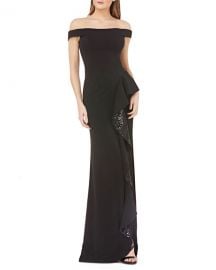 Carmen Marc Valvo Infusion Off-the-Shoulder Column Gown with Sequined Ruffle at Neiman Marcus