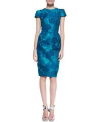 Carmen Marc Valvo Short-Sleeve Floral Jacquard Sheath Dress at Neiman Marcus