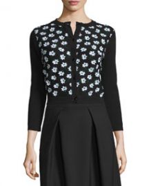 Carolina Herrera 3 4-Sleeve Floral-Embellished Cardigan  Black Green White at Neiman Marcus