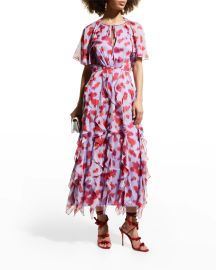 Carolina Herrera Abstract-Print Cascading Ruffle Maxi Dress at Neiman Marcus