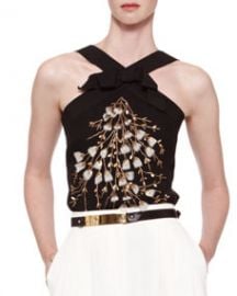 Carolina Herrera Beaded Crisscross Halter Top Black at Neiman Marcus