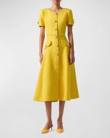 Carolina Herrera Button-Front Midi Dress with Belted Waist at Neiman Marcus