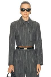 Carolina Herrera Cropped Double Breasted Pinstripe Jacket in Charcoal Grey Melange FWRD at FWRD