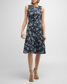 Carolina Herrera Floral Print Midi Dress with Flounce Hemline at Neiman Marcus