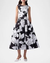 Carolina Herrera Floral-Print Sleeveless Drop-Waist Midi Dress at Neiman Marcus