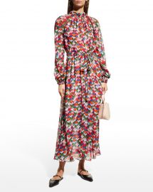 Carolina Herrera Heart-Print Gathered Midi Dress w Mesh Inserts at Neiman Marcus