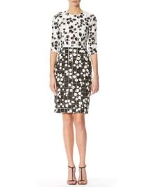 Carolina Herrera Leaf-Print Tweed Half-Sleeve Dress WhiteBlack at Neiman Marcus